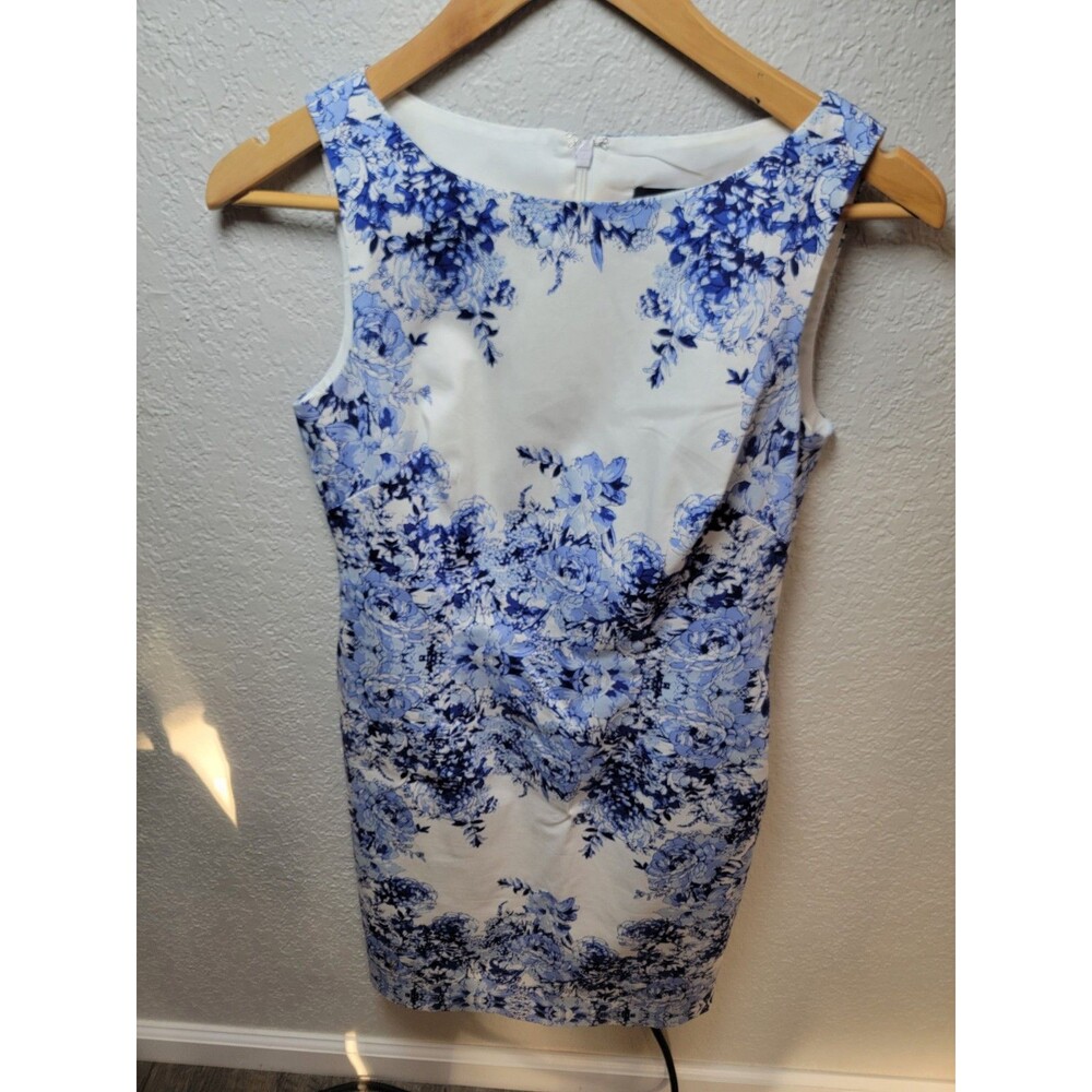 Adrianna Papell 2P Petite Blue White Floral Sheath Dress Sleeveless Lined